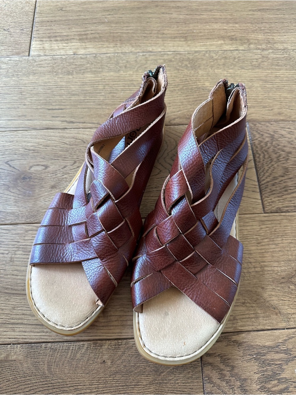Born Braided Leather Zip-Back Sandals in Brown